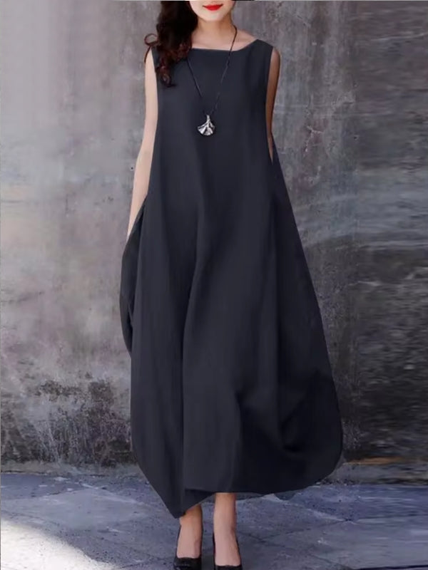 Maxiklänning Dam Ärmlös Monokrom Bomull för Sommar-4