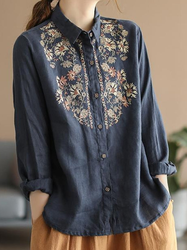 Kvinnors Blommig Skjorta Etnisk Stil Bomullslinn 5