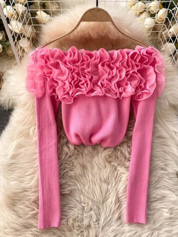 Dam Blus Utdrag Utanför Axlarna Polyester med 3D-Blommönster-6