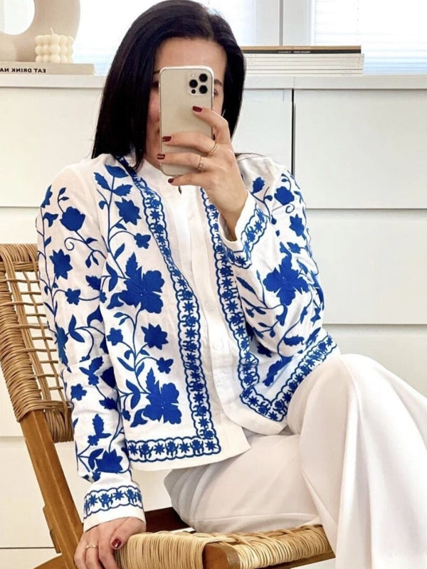 Kvinnors Broderad Kofta V-Ringad 100% Bomull-3