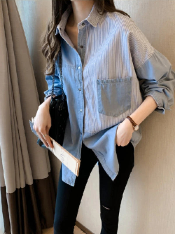 Långärmad T-Shirt Dam i Denim med Oregelbundet Randmönster – Trendig och Bekväm Design, Storlek M-XXXXL 8