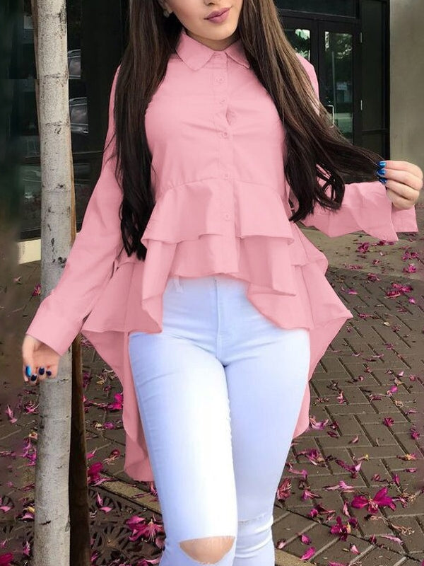 Dam Skjorta Ruffle Asymmetrisk Polyester med Långa Ärmar-2