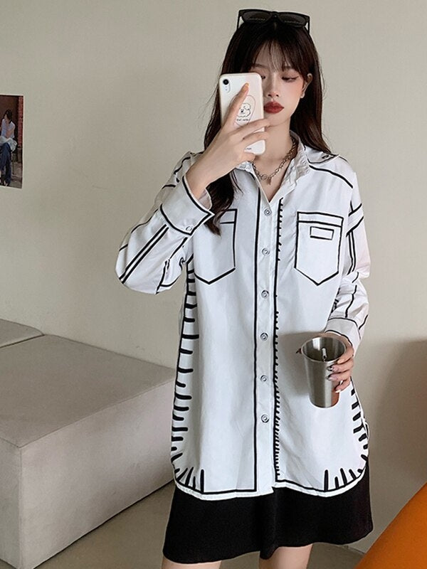 Dam Blus Graffiti Tryck Polyester-5