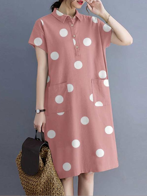 Kvinnors Midi Klänning Punkttryck Bomull med Fickor-3