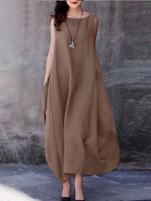 Maxiklänning Dam Ärmlös Monokrom Bomull för Sommar-5