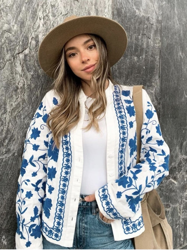 Kvinnors Broderad Kofta V-Ringad 100% Bomull-1