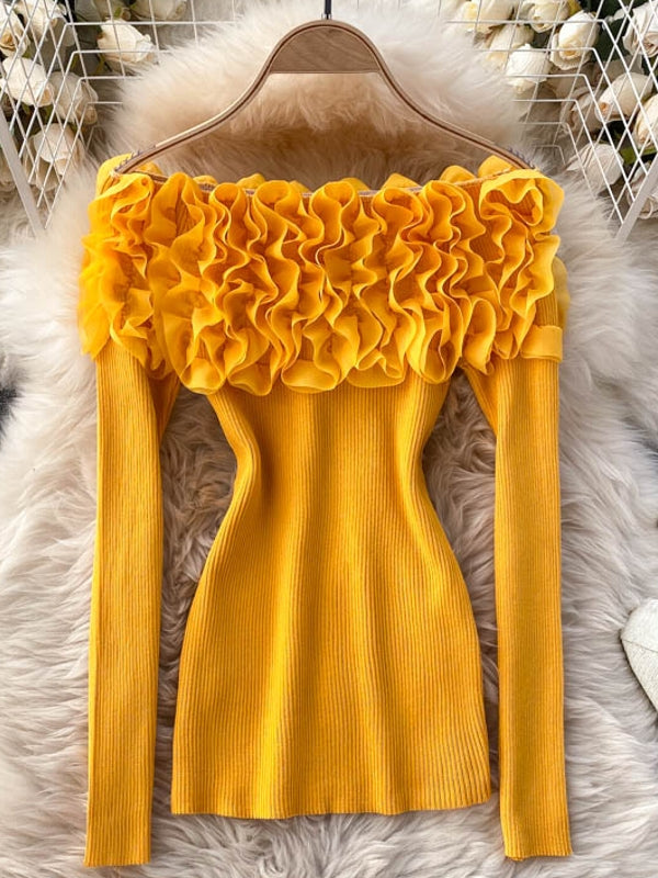 Dam Blus Utdrag Utanför Axlarna Polyester med 3D-Blommönster-2