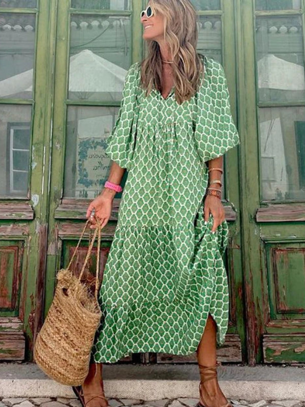 Damklänning V-ringad Bohemisk Stil Polyester med Puffärmar-2
