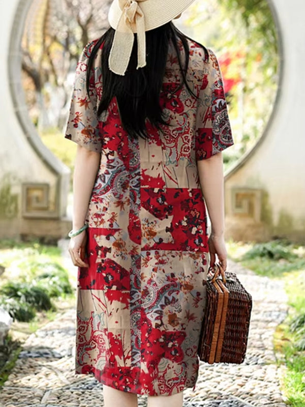 Dam Klänning Midi Blommigt Tryck i Bomull och Linne-2