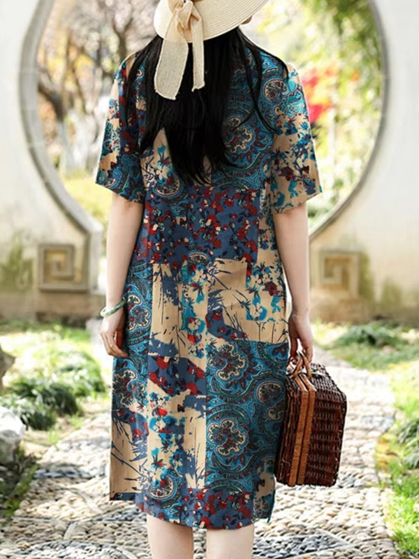 Kvinnors Kortärmad Klänning i 100% Bomull med Abstrakt Mönster och Fickor – Avslappnad Sommarstil 3