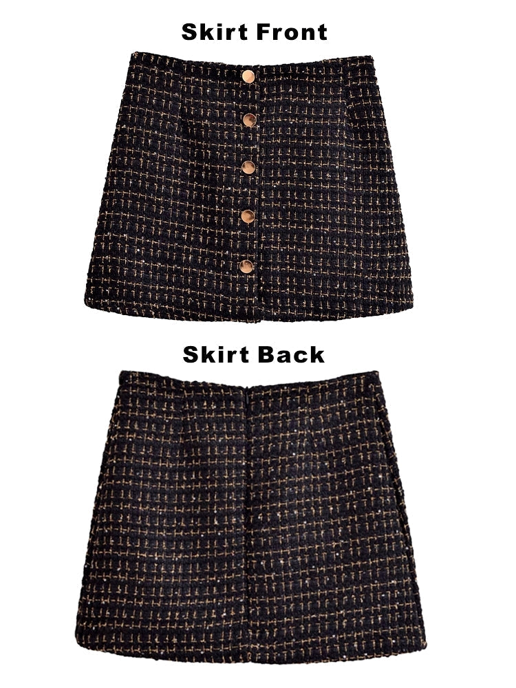 Dam Blazer Set Tweed Polyester med Gyllene Detaljer och Högskuren Minikjol 9
