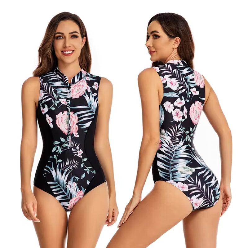 Variant image for Baddräkt Dam Långärmad Retro Blommotiv Nylon Spandex-69
