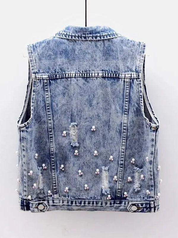Dam Jeansväst Slim Fit med Broderade Blommor och Pärlapplikationer-2
