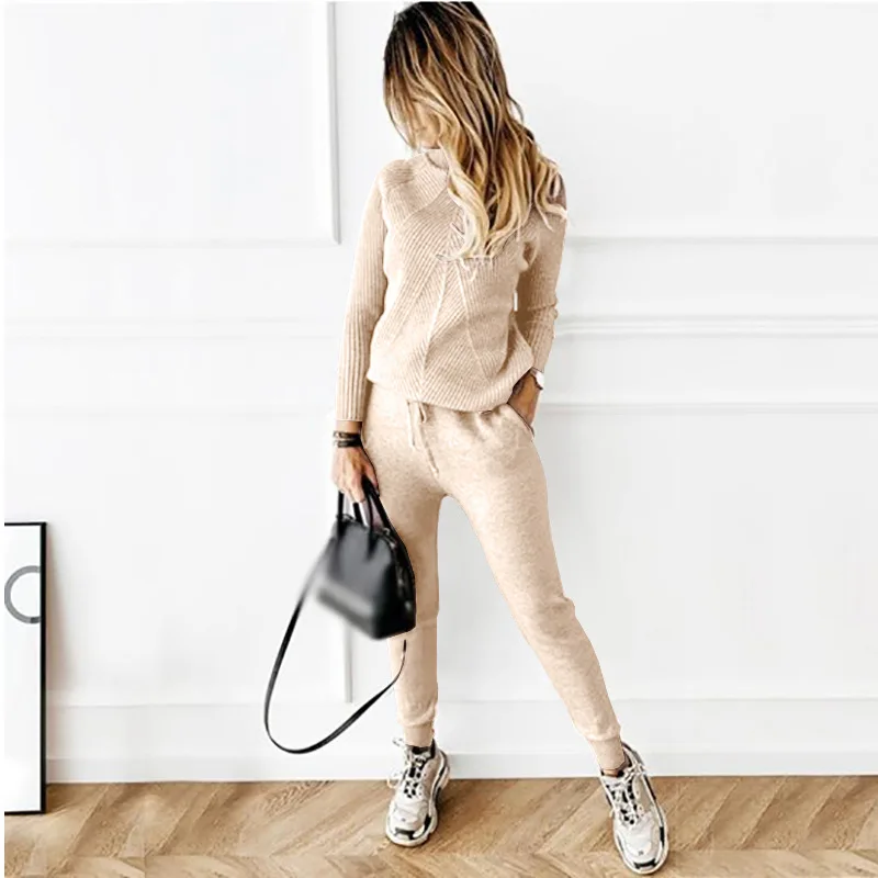 Dam Loungewear Set Randig Turtleneck och Elastiska Byxor Mjuk Blandning 11