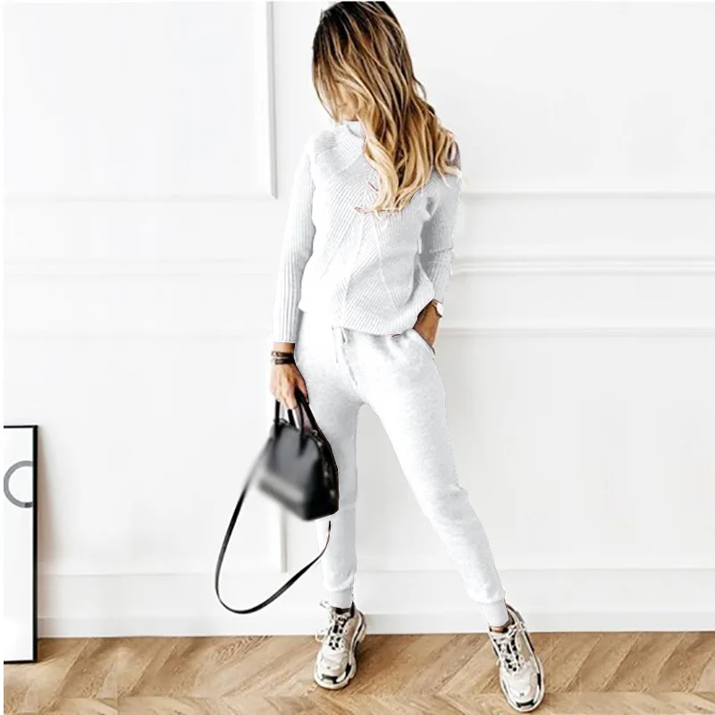 Dam Loungewear Set Randig Turtleneck och Elastiska Byxor Mjuk Blandning 3