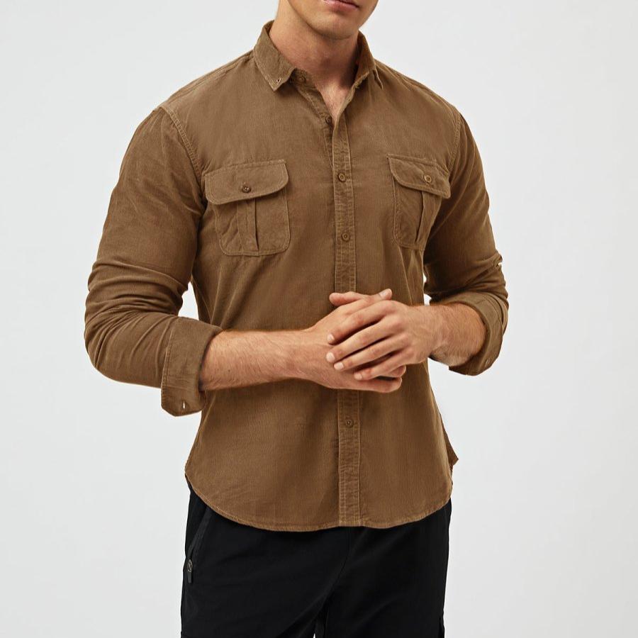 Herrskjorta Sladdmaterial Långa Ärmar Flera Fickor-1