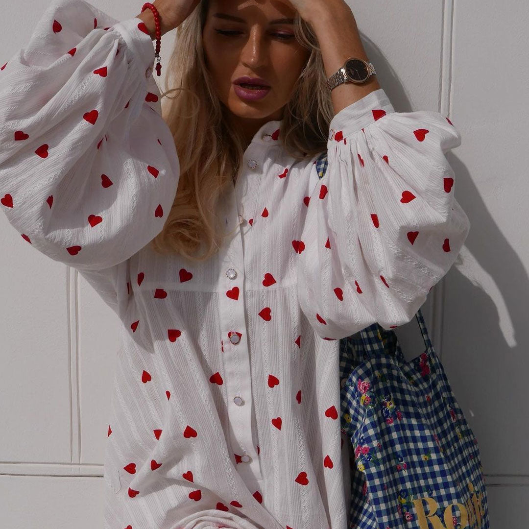 Dam Maxi Klänning Hjärtmönster Hög Krage Polyester-6