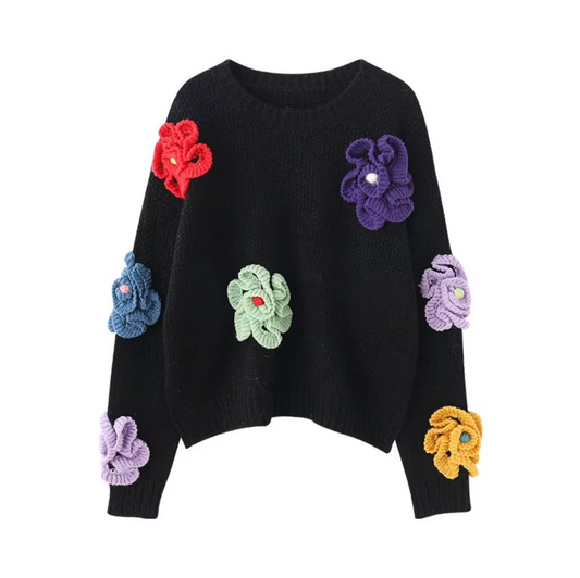 Dam Stickad Tröja 3D Blommor Avslappnad Akrylblandning-1