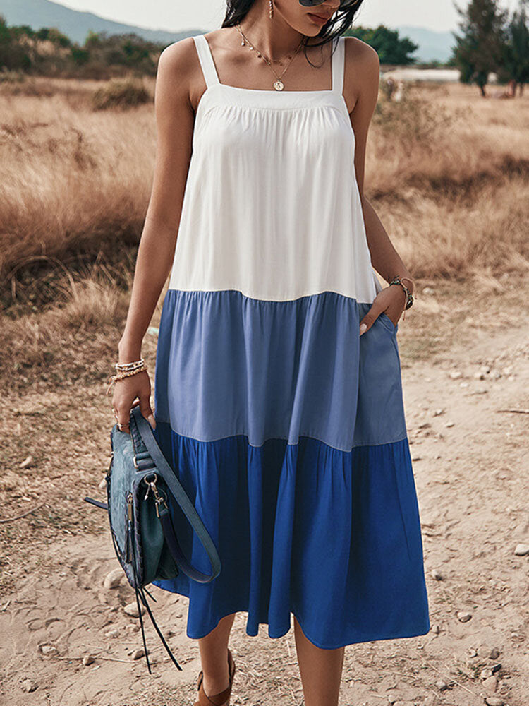 Kvinnors Midi Klänning Avslappnad Bomull med Fickor-4