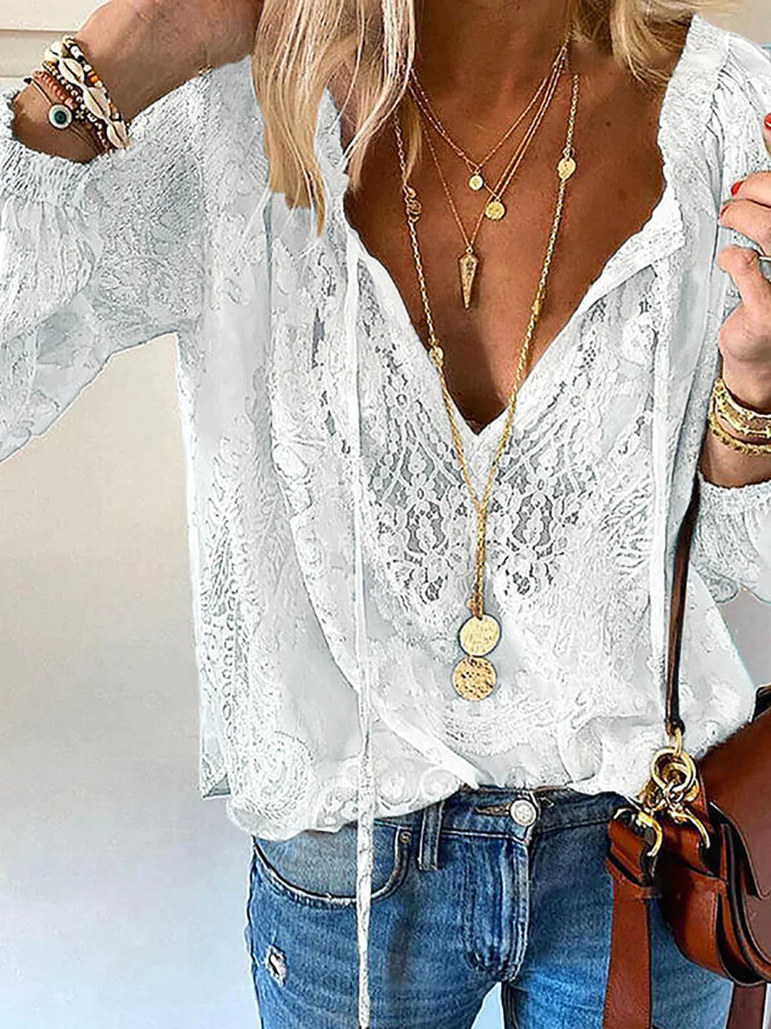 Vit Dam Blus med Spetsdetaljer Polyester Elegant Stil-5