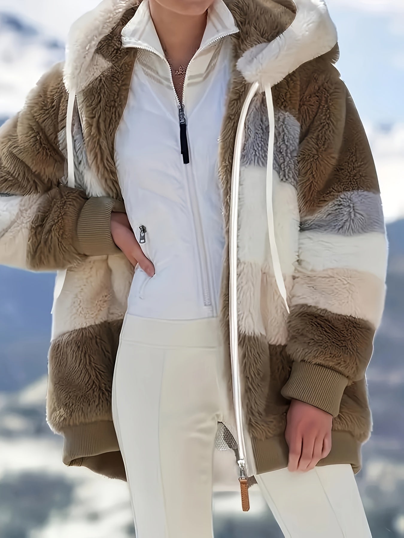 Dam Lång Teddyjacka Färgblockad Teddyfleece med Huva och Fickor 8