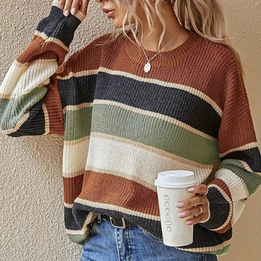 Stickad Dam Tröja FÀrgblock CirkulÀr Halsringning Mjukt Material-1