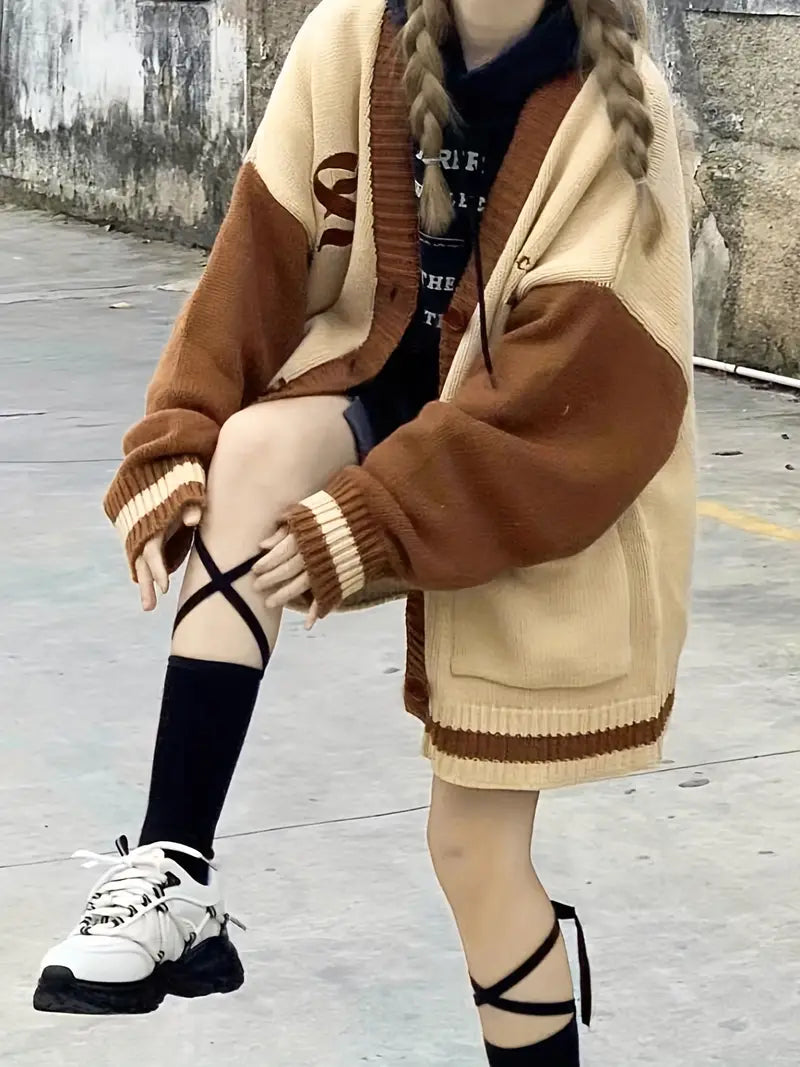 Dam Cardigan Färgblock Broderad Högkvalitativt Tyg-4