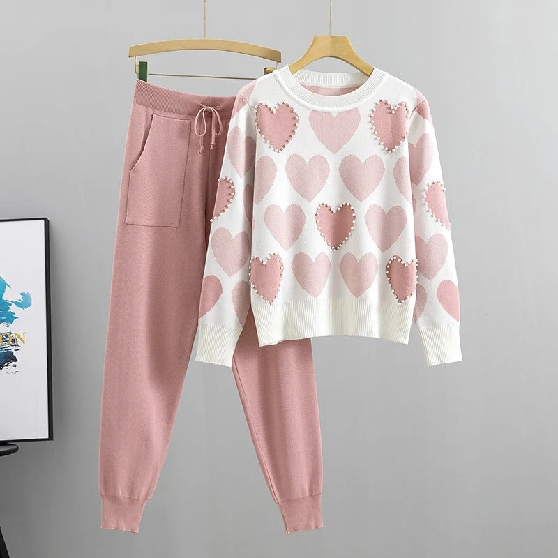 Dam Pyjamas Set Hjärttryck Stickad Design med Ribbade Manschetter 5