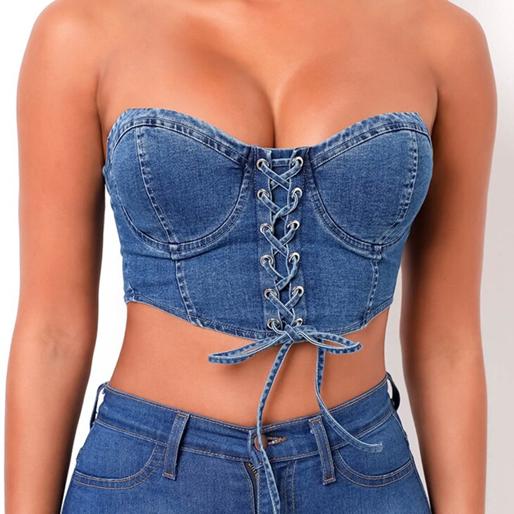 Dam Bustier Kort Denim med Spetsdetaljer-3