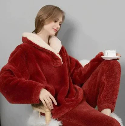 Dam Pyjamas Set Långärmad Fleece med Matchande Pyjamasbyxor-1