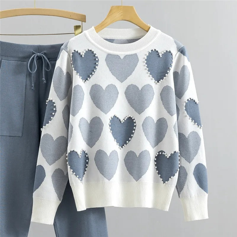 Dam Pyjamas Set Hjärttryck Stickad Design med Ribbade Manschetter 3