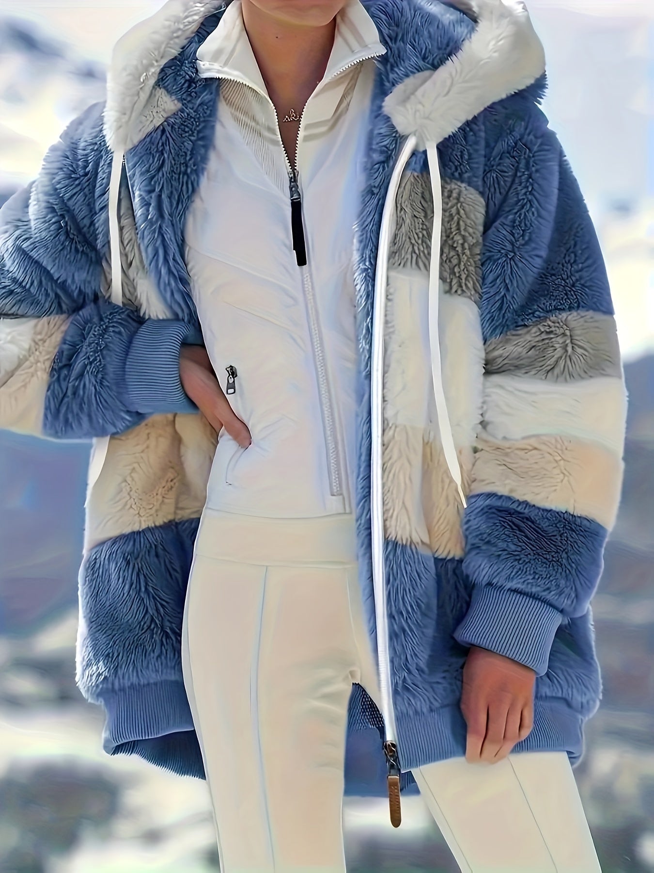 Dam Lång Teddyjacka Färgblockad Teddyfleece med Huva och Fickor 10