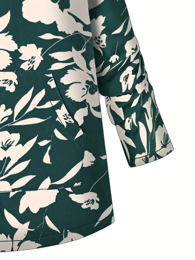 Lång Vinterjacka Dam Fleecefodrad med Huva och Blommönster-2