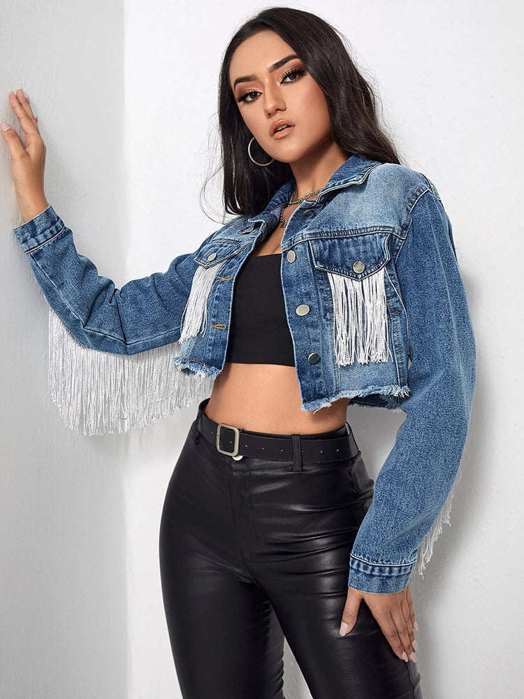 Kvinnors Kort Denimjacka Vintage Detaljer Polyester med Tofsar-5