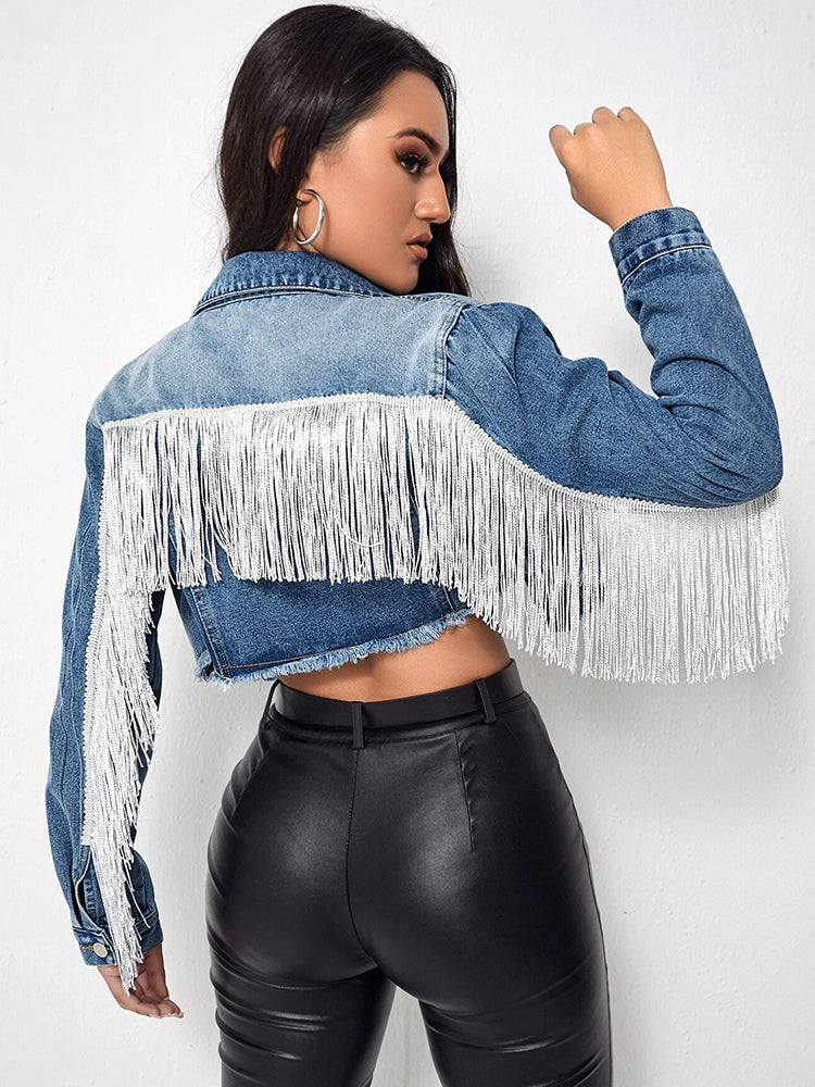 Kvinnors Kort Denimjacka Vintage Detaljer Polyester med Tofsar-6