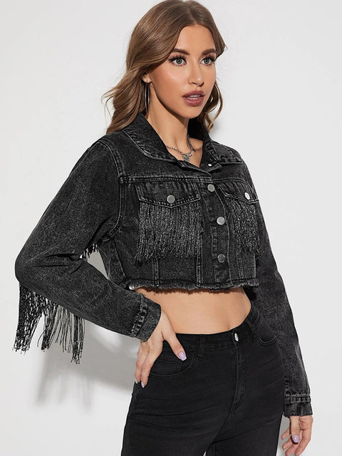 Kvinnors Kort Denimjacka Vintage Detaljer Polyester med Tofsar-1