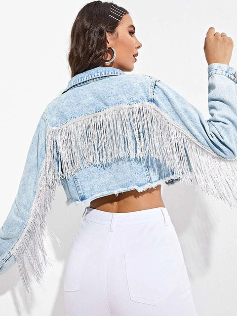 Variant image for Kvinnors Kort Denimjacka Vintage Detaljer Polyester med Tofsar-9