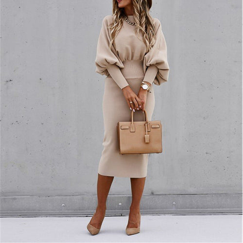 Dam Klänning Midi Puffiga Ärmar Högkvalitativt Tyg-1