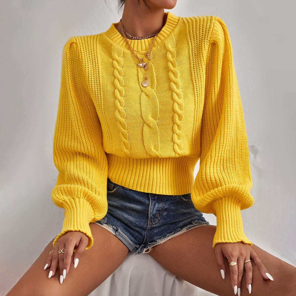 Dam Stickad Tröja Avslappnad Passform Andningsbart Material-2