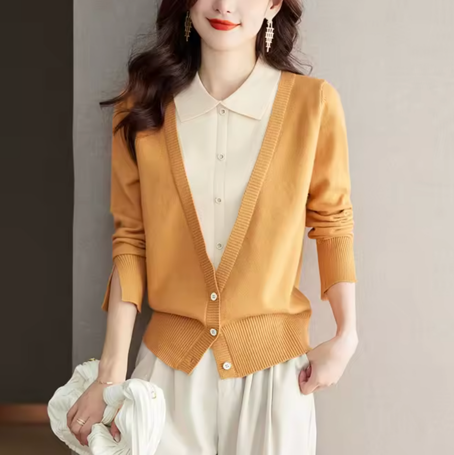 Dam Topp med Krage Mjuk Stickad Fiber Lång Ärme-4