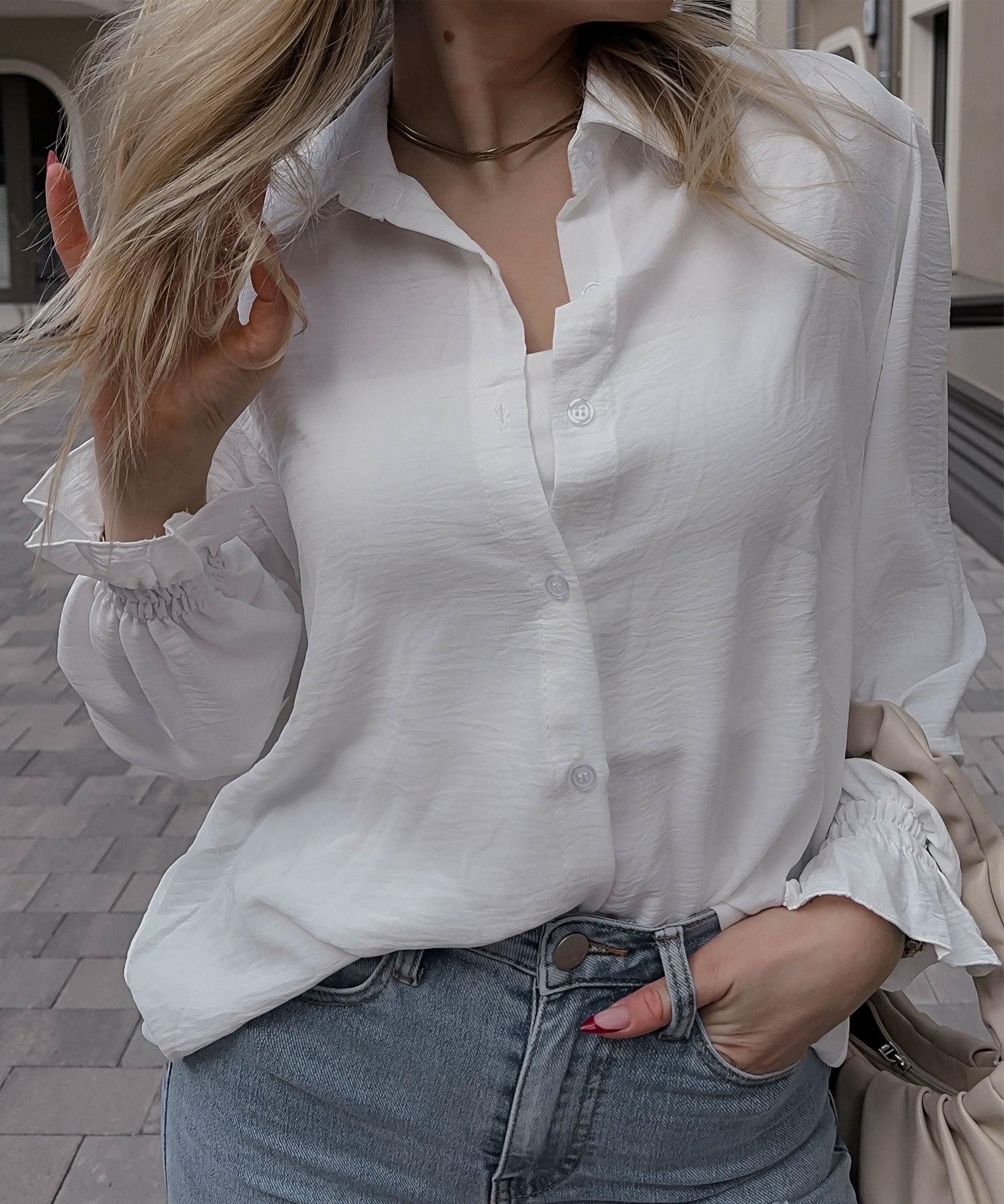 Vit Blus Dam med Ballongärmar i Mjuk Polyester-5