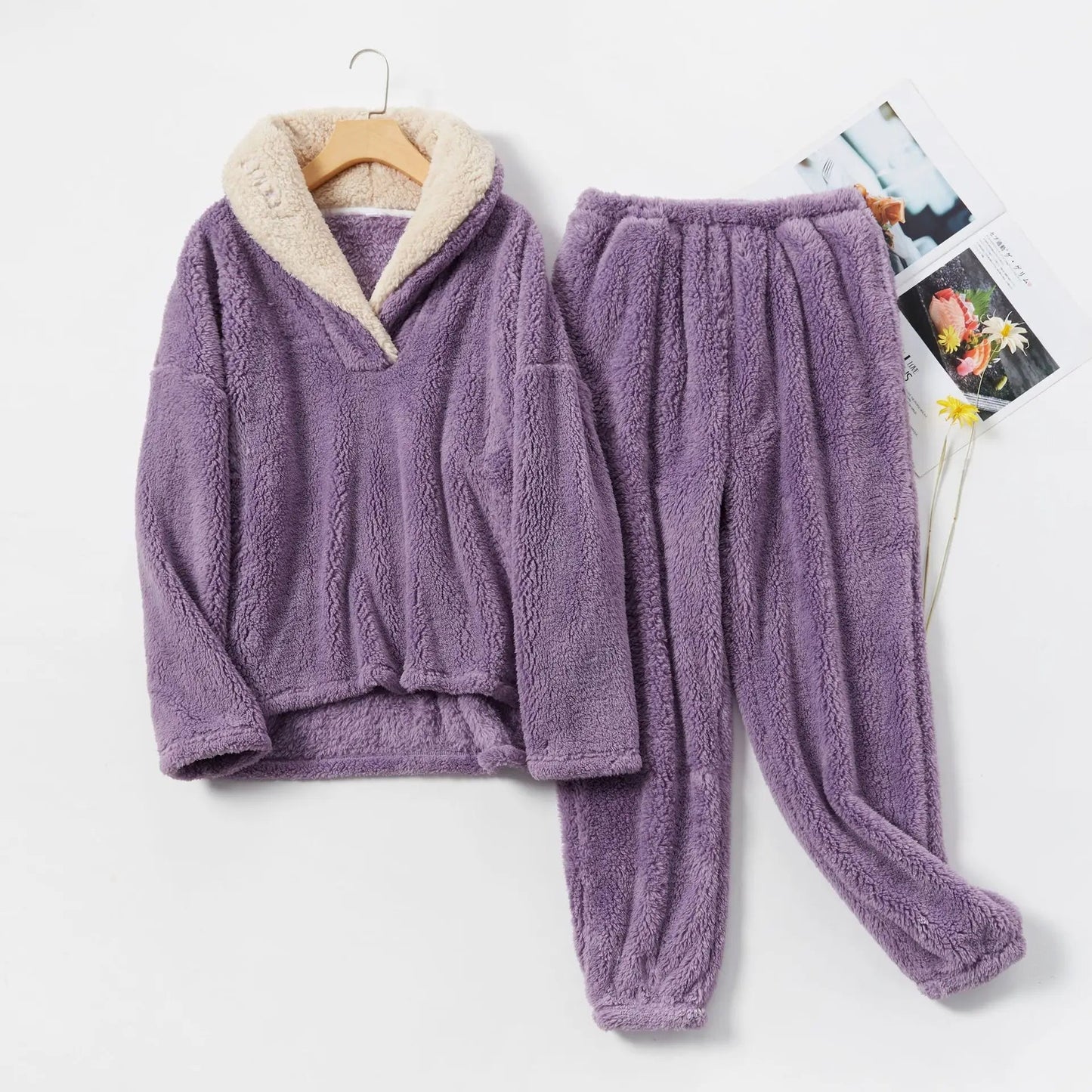 Dam Loungewear Set Avslappnad Fleece Med Huva-3