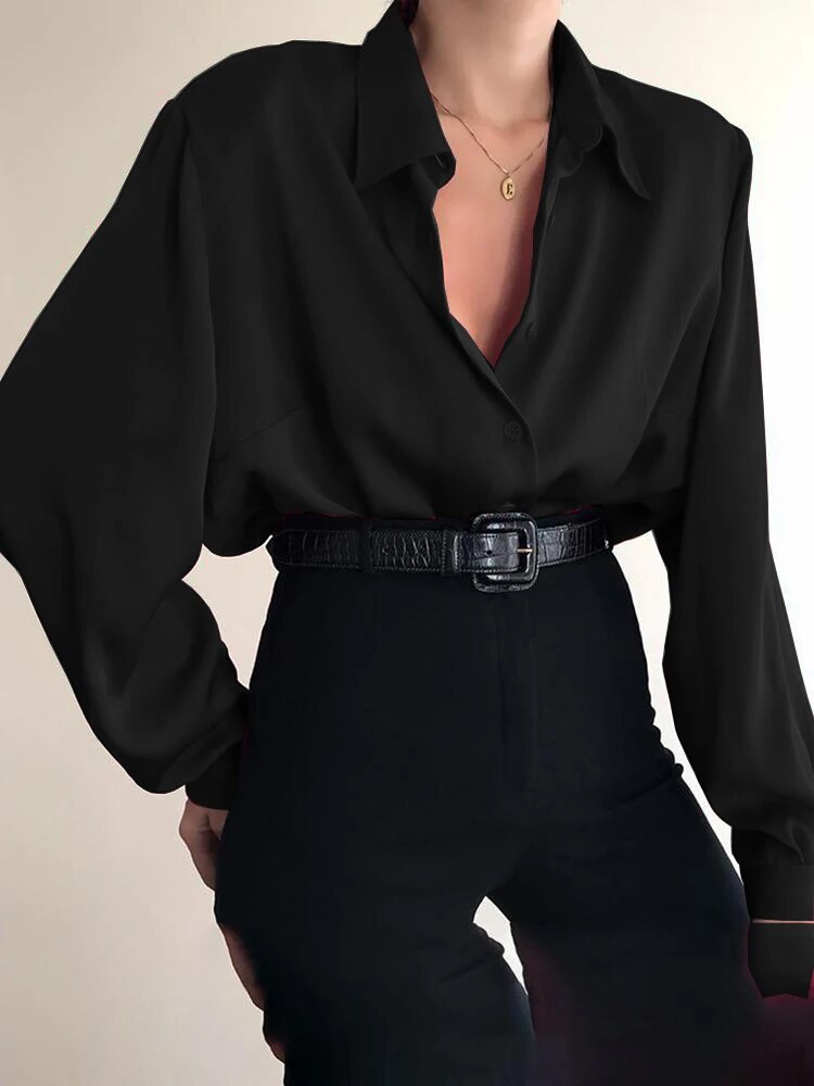 Dam Blus Långärmad Knäppdesign Polyester-2