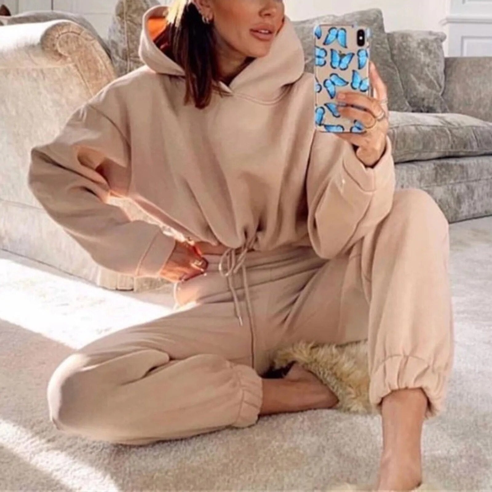 Dam Träningsdräkt Uppsättning med Huva och Elastisk Midja Polyester 4