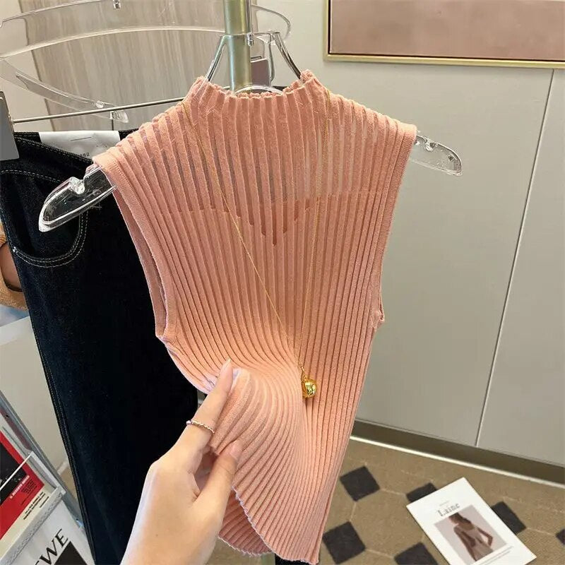 Högkragad Tank Top Dam, Ärmlös Ribbade Detaljer, Smal Passform i Bomull och Elastan – Flera Färger 7