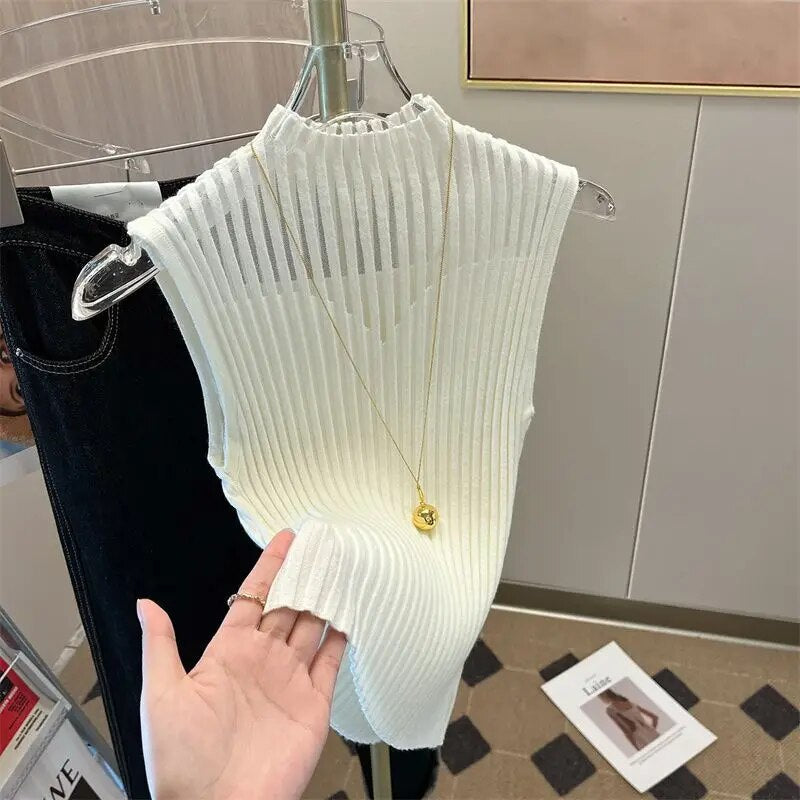 Högkragad Tank Top Dam, Ärmlös Ribbade Detaljer, Smal Passform i Bomull och Elastan – Flera Färger 10