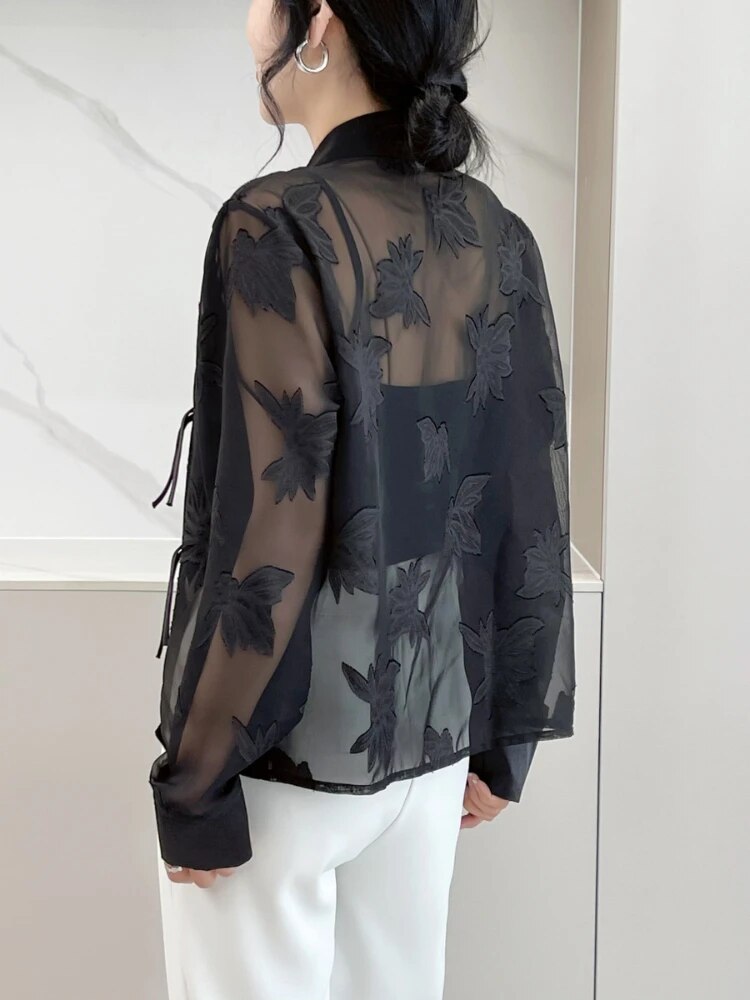 Dam Skjorta Transparent Blommig Spets Polyester Långärmad-2