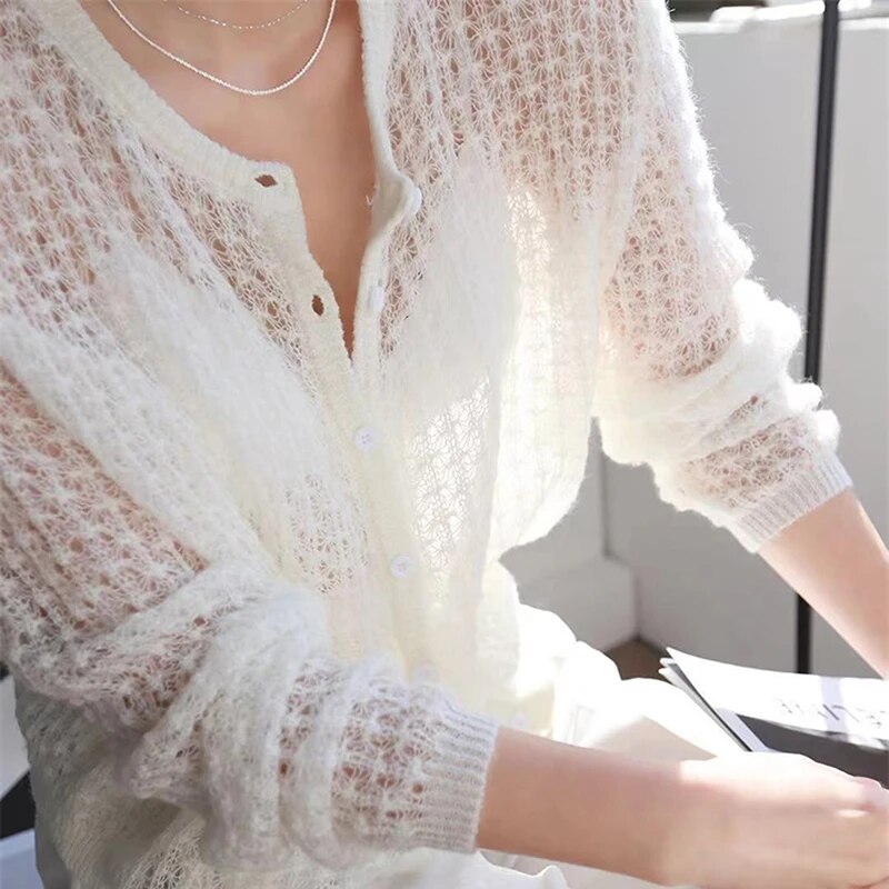 Vit Blus Dam Chic Stickad Mesh Design-2