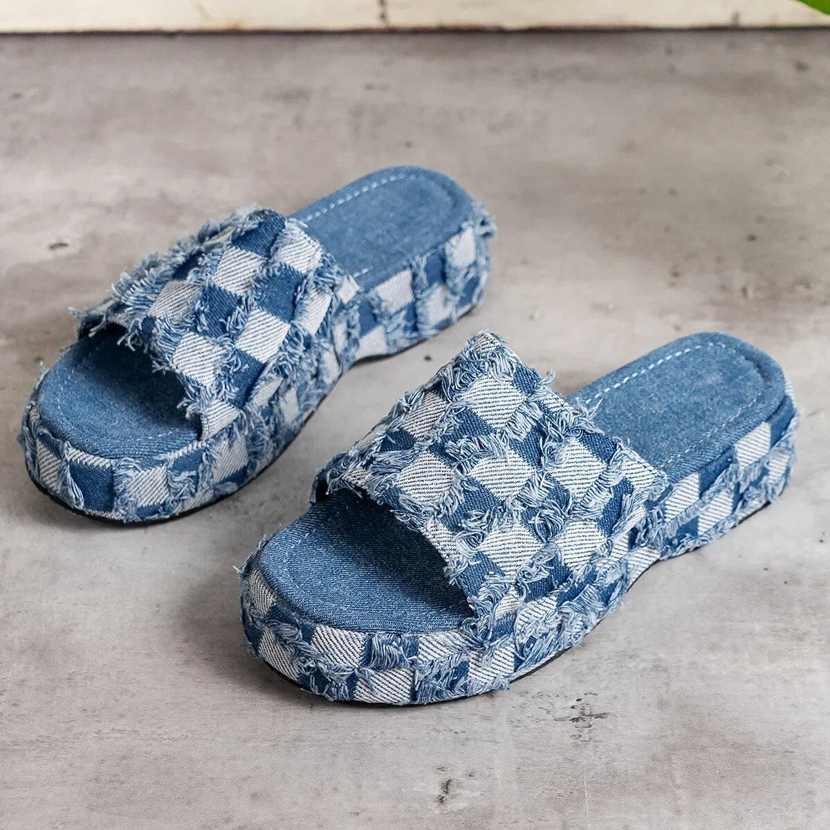Dam Tofflor Denim Karomönster Mjuk Innersula-3