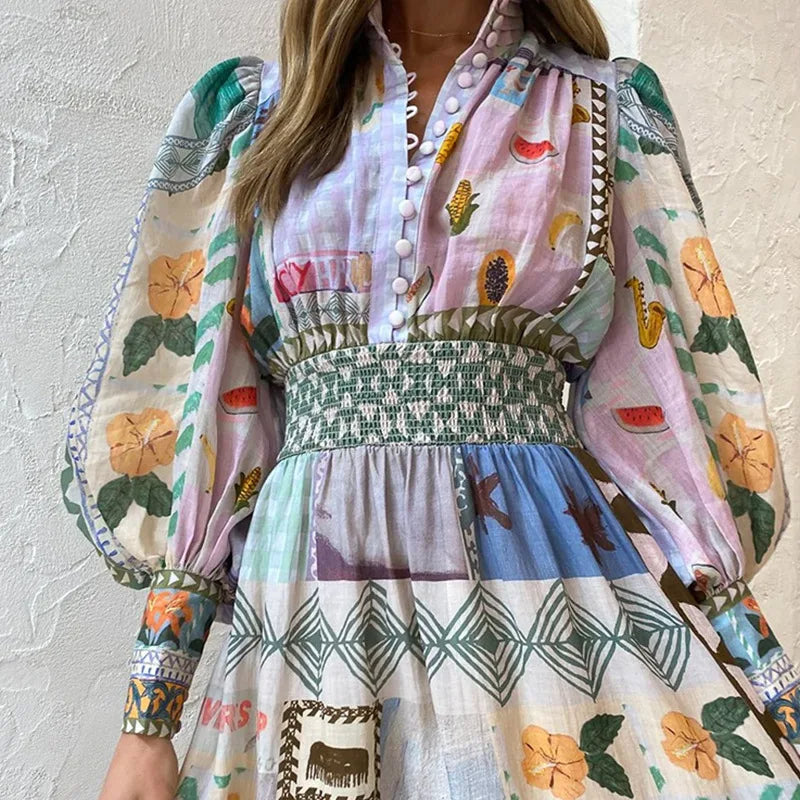Dam Maxiklänning Bohemisk Stil 100% Linne med Långa Ärmar och Volanger-6